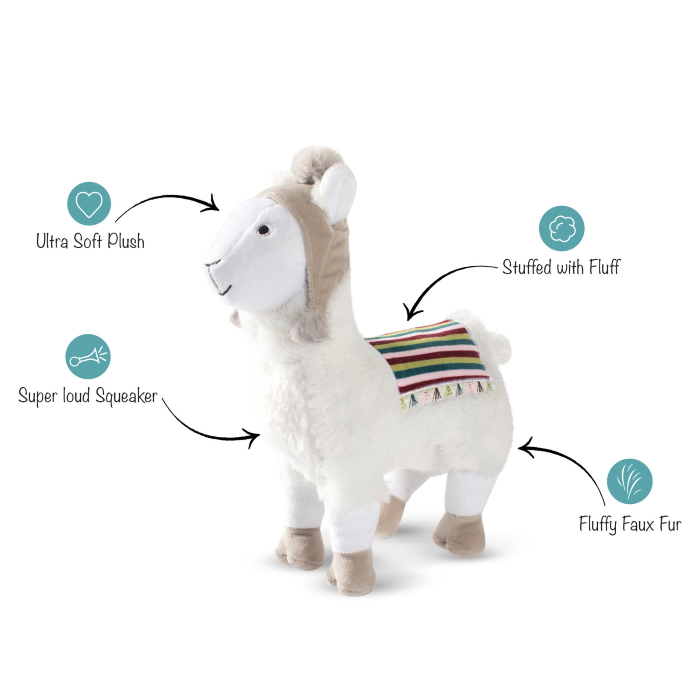 Fringe Studio Christmas Llama with a Beanie Plush Squeaker Dog Toy features