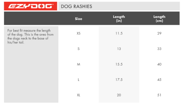 EzyDog Dog Rashie Shirt UV 50+ Sun Protection Size_Chart