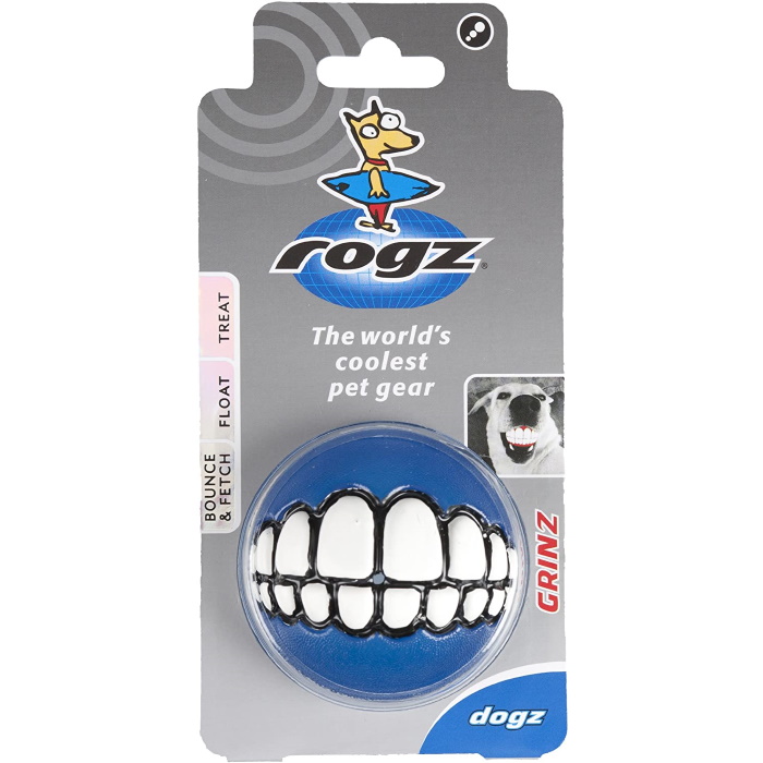Rogz Grinz Fetch Dog Ball Blue Packaging