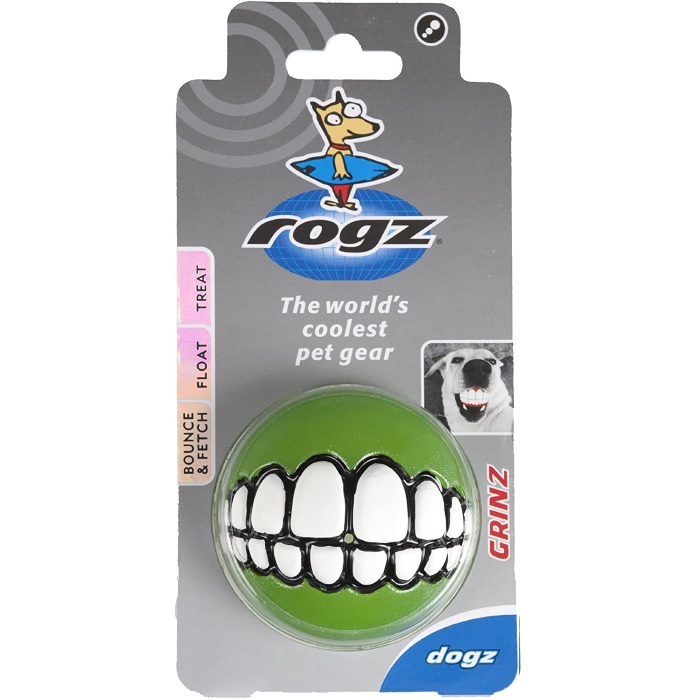 Rogz Grinz Fetch Dog Ball Green Packaging