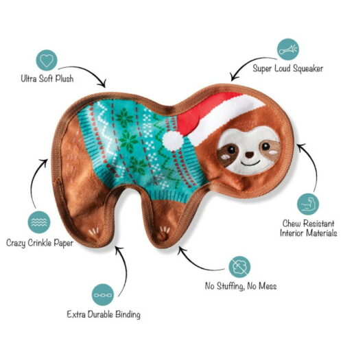 Fringe Studio Christmas Flat Sloth Dog Toy features