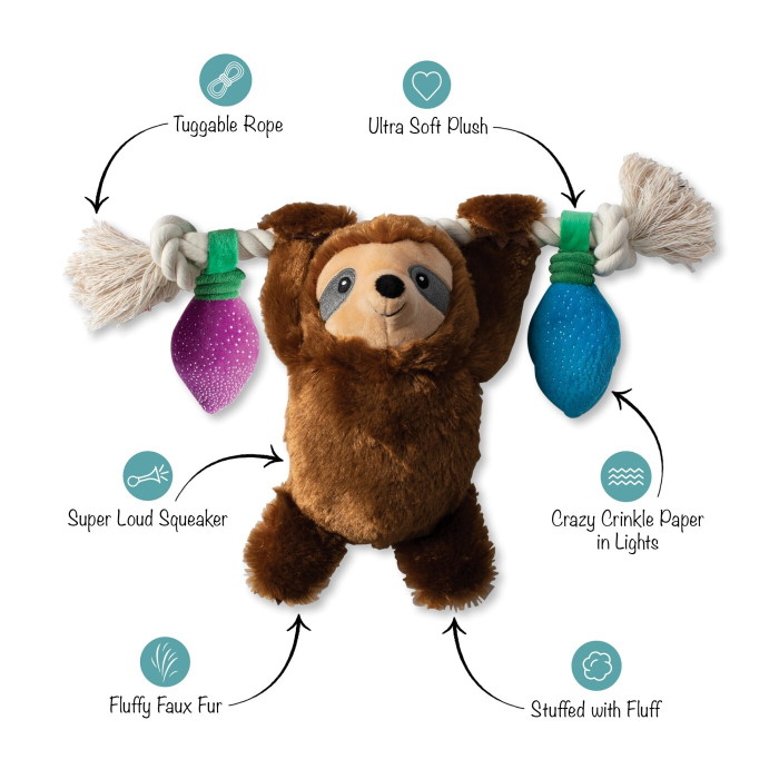 Fringe Studio Christmas Sloth Plush Dog Toy Let It Glow Features